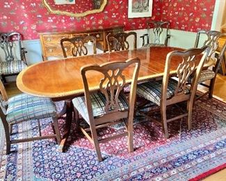 $2,000 - Kindel Furniture Georgian Mahogany Double Pedestal Dining Table with brass claw feet and casters - extremely minor wear   28.75" H, 78" L (plus 12" leaf) x 47"W