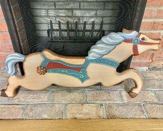 $60 - Signed galloping horse, wood wall hanging 32"L by 15" H 