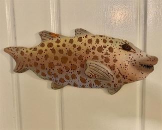 $35- Ceramic, signed fish wall decor #2 - AS IS - has small chip on dorsal fin - 6.75" H x 16.5" W. 