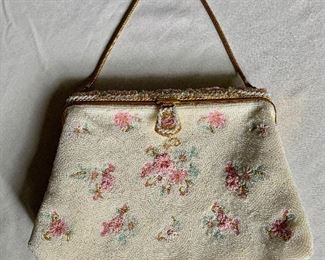 $75 Denise Francelle floral  beaded purse 5.75" H, 7.75" W, handle drop 4.5". 