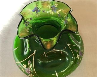 $30 Green glass ruffled vase with hand painted flowers.  3.25" H, 4.5" diam. 