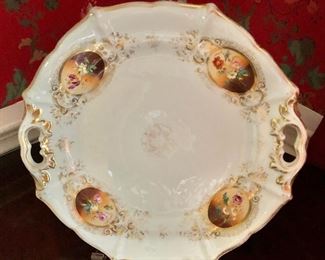 $65 Gold border dish with hand painted  flower medallions.  12" x 11.5".   