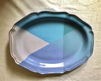 $35 Geometric blues scalloped pottery platter.  12.5" x 9.5"  