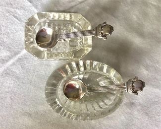$25 Pair Salt dishes with Viking silver plate serving spoons  Oval dish 2.1/2 " long, spoons 2 and 1/4" Long 