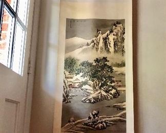 $60 Asian scroll landscape scene 59" L by 21" W 
