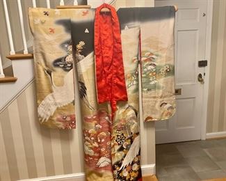 $495 Japanese silk  Wedding Robe  crane design  with padded trail.  70" H.  