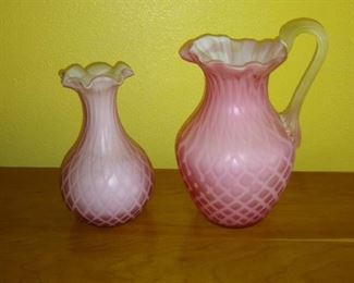Antique Satin Glass vase and pitcher