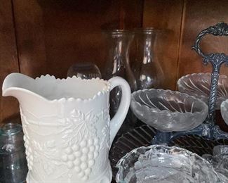 Various antique glassware, milk glass.