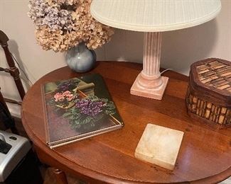 Lamp, wood boxes, gardening books, wood oval table