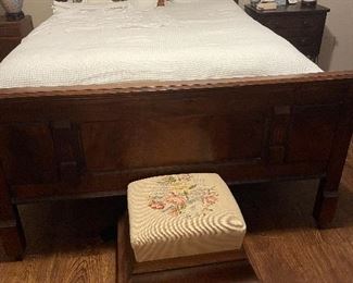 Antique Queen wooden bed with headboard and footboard including mattress, box spring. Vintage side tables, lamps, antiques, porcelain.