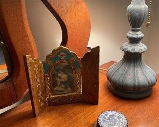Vintage lamp, religious items, hand held mirror
