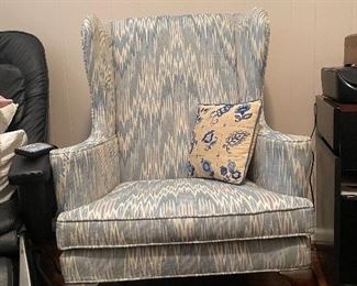 Pair of blue Flame Stitch wingback chairs