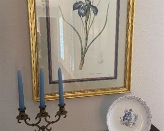 Brass candle opera, framed art, vintage china