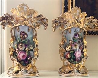 Pair Antique Large Porcelain Vases Beautiful Colors