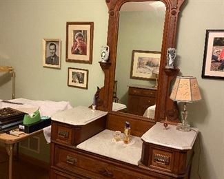 Gorgeous antique vanity with marble tops and mirror
