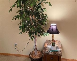 Faux tree, end table, lamp