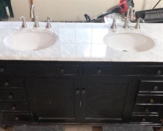 Bathroom cabinet, marble double sink and faucets