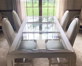 1 of 4 Contemporary Glass/wood Dinning room set with 6 chairs 