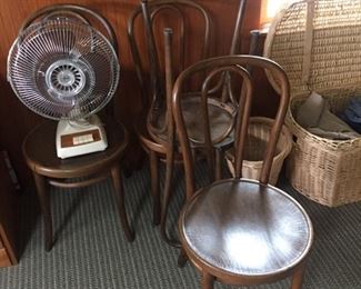 4 bentwood chairs, fans,