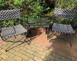 Metal armchairs with cloth seats and nesting side table