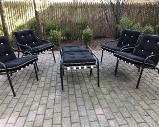4 metal armchairs with cushions and 2 ottomans