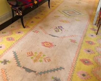 Large wool area carpet and another view of the 3-seat bench with silk cushions