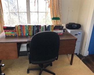 Vintage mid-modern desk, office chair, 2-drawer filing cabinet (more available) and books