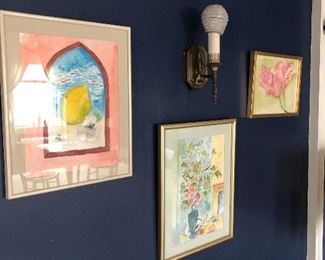 Framed watercolors and prints