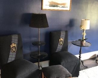 Side chairs, tables, lamps and footstool
