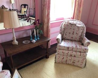 Another view of the archairs (pair available), and cocktail table with lower tier, lamp and vintage candle holders