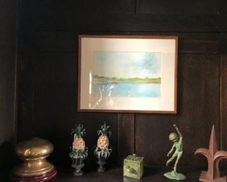 Watercolor framed and bronze, brass and iron decor