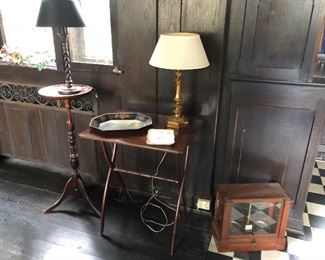 Folding tea table, turned wood plant stand, vintage lamps, hand-painted tray, and scale in glass box