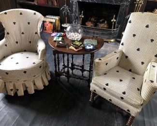 side armchairs and gate-leg table, brass fireplace surround, coaster and LP's
