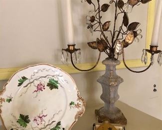 Brass and marble candle holder (set of 2) and porcelain plate