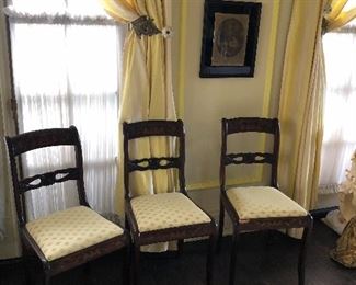Set of 3 chairs with wooden inlay, and matching kneeling bench 