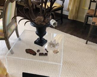 Acrylic cube with cast iron and porcelain floral arrangement in cast iron planter, and more