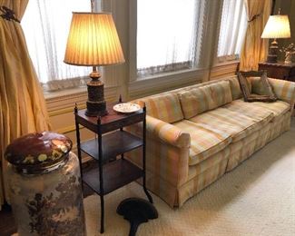 Vintage painted glass container, 3-tier table, mid-century couch with silk fabric, lamps and more