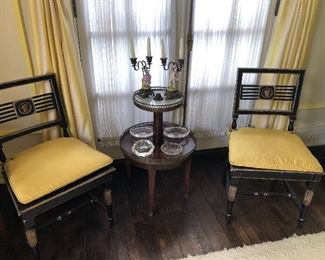 Italian side chairs and 2-tier table with marble tier