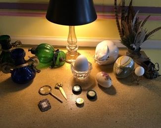 vintage glass candle holders, glass lamp with black shade, small from Neiman-Marcus and more!