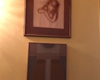 Framed ink and acrylic painting