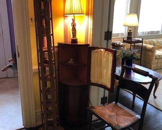 Corner cabinet with screened upper cabinet, vintage wooden tower, side chair and more
