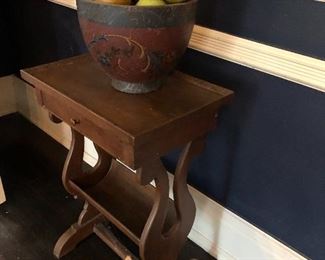 Book side table with drawer, and wooden bowl and fruit