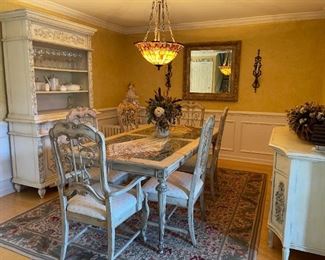 Lane Dining Table with 6 chairs - Distressed white finish, metal frame, glass top with decorative metal scrollwork underneath.  