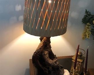 Unique driftwood lamp with woven grass shade