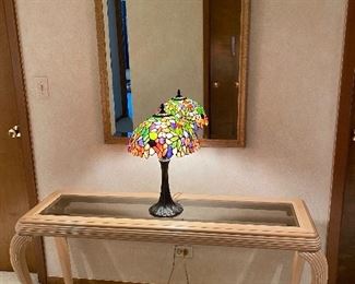 Lee Industries console table with glass top. Large rectangular gold framed mirror