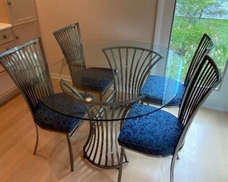 Dinette set; metal and glass table with 4 chairs in royal blue upholstery (4)