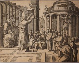 Raimondi Etching "St. Paul Preaching in Athens" c1517