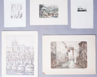 Group 5 Prints incl European Canal Scene, Cities, Chess