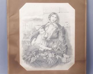 English School Victorian Pencil Drawing Flower Seller