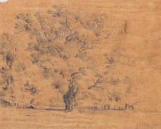 1858 Graphite Drawing Landscape Signed & Inscribed